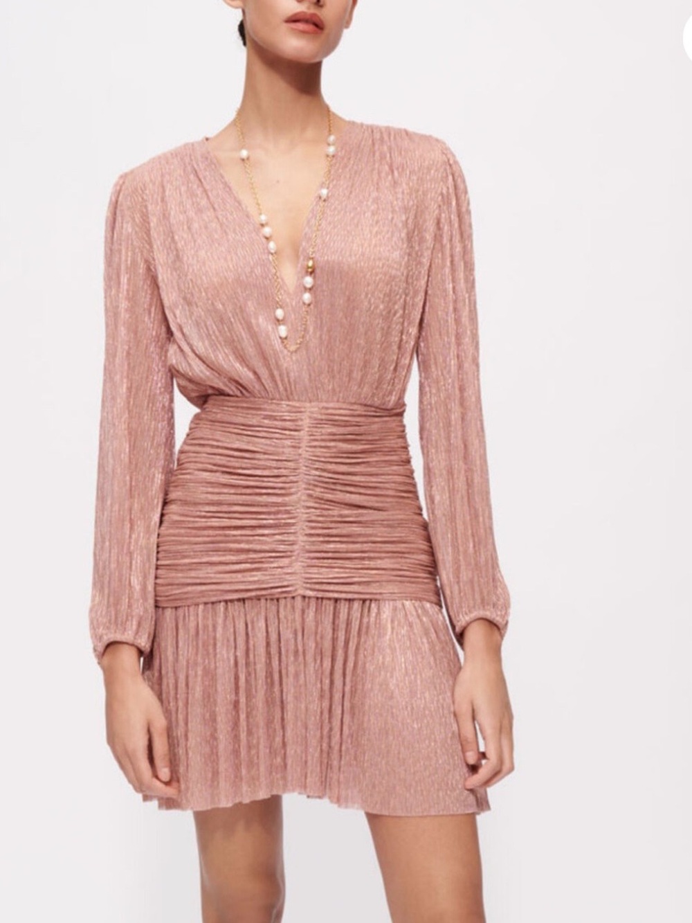 NWT Maje Rosina Ruched V-Neck Lamé Mini Dress in pink and gold.